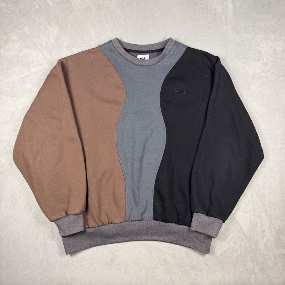 90s Mens Nike Colorblock Wavy Panel Crewneck Sweatshirt Brown Grey Black Large